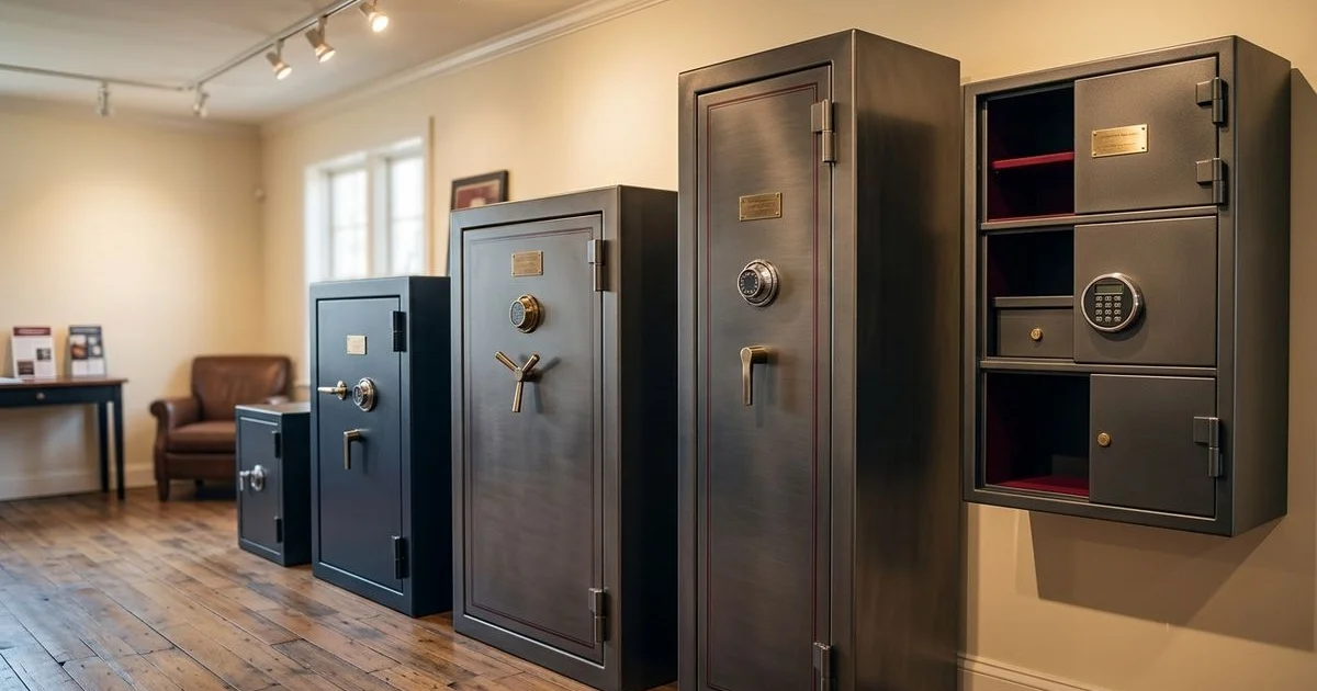 Display of document, jewelry, and gun safes in a showroom