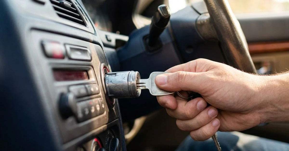 Hand inserting a key into a sticking car ignition cylinder