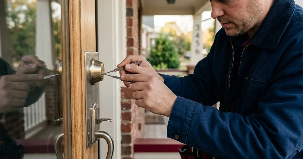 Locksmith picking a residential front door lock with professional tools