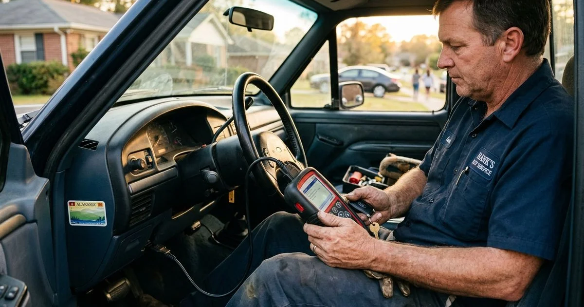 Locksmith programming a transponder key with a handheld OBD2 programmer beside a car