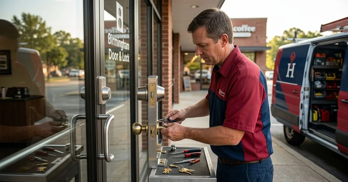 Locksmith servicing a commercial glass storefront door lock