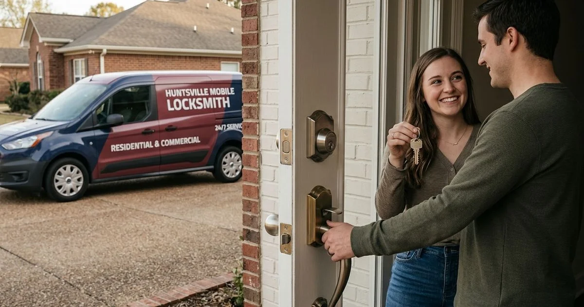 New homeowners at a Huntsville front door with a locksmith van in the driveway