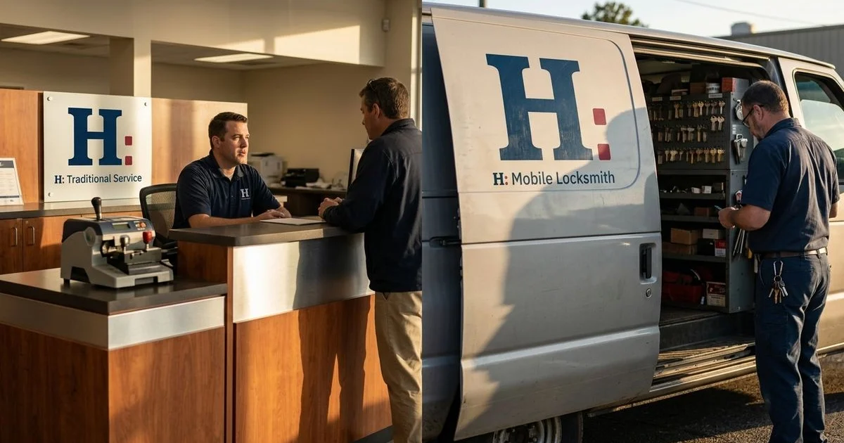 Side by side comparison of a dealership service counter and a mobile locksmith van