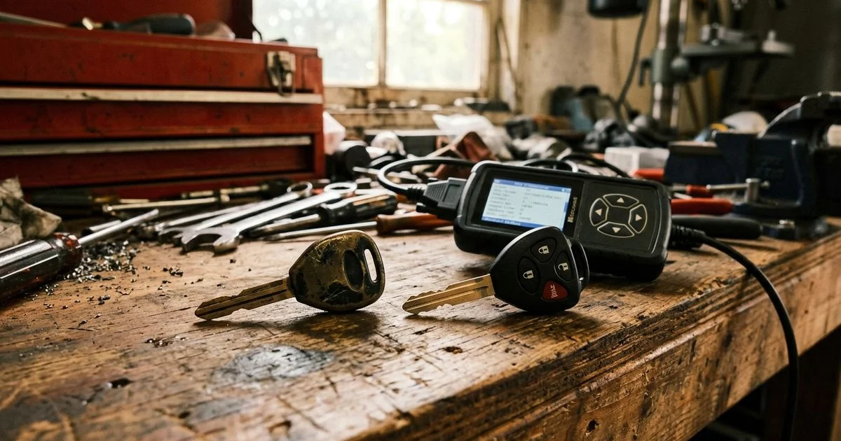 Two car keys side by side — a spare and an originated key — on a workbench
