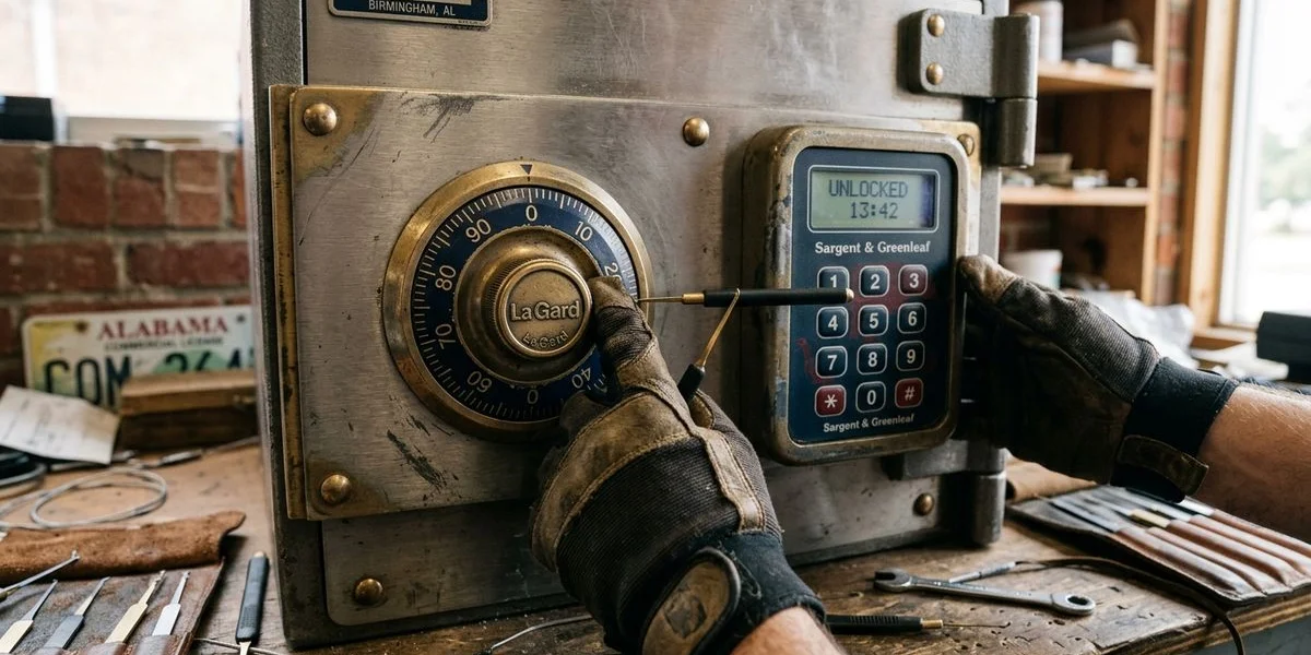 Close-up of a safe dial and digital keypad
