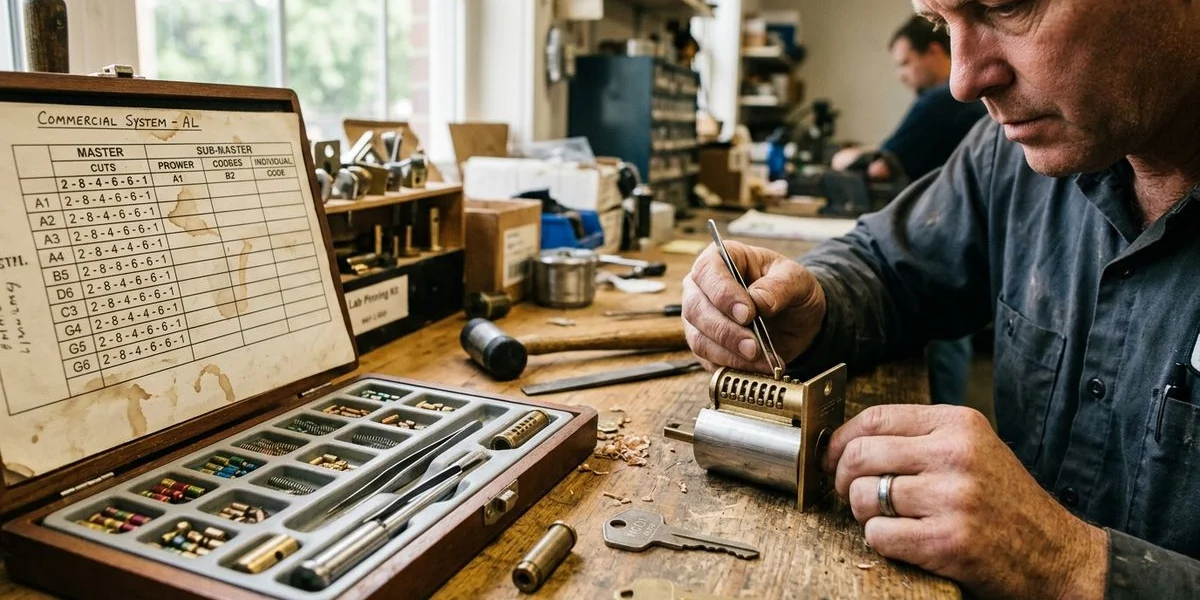 Commercial mortise lock cylinder being rekeyed on a bench