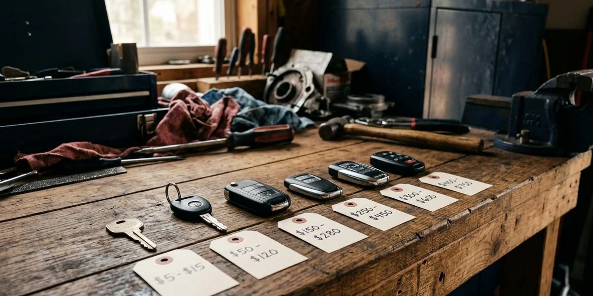 Car key types lined up with price tag comparisons