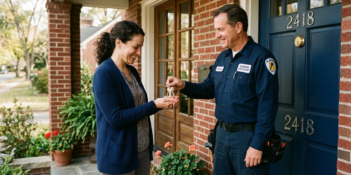 Homeowner being handed her keys at the front door after a lockout