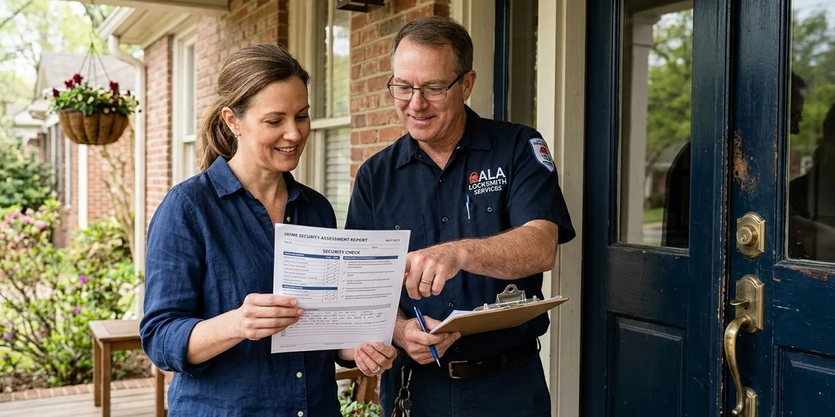 Homeowner reviewing a security check report with a locksmith