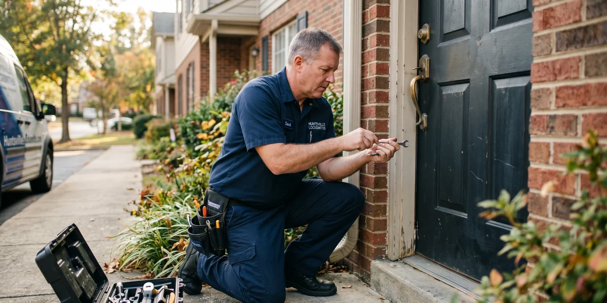 Locksmith installing a Grade 1 deadbolt and reinforced strike plate on a Madison home