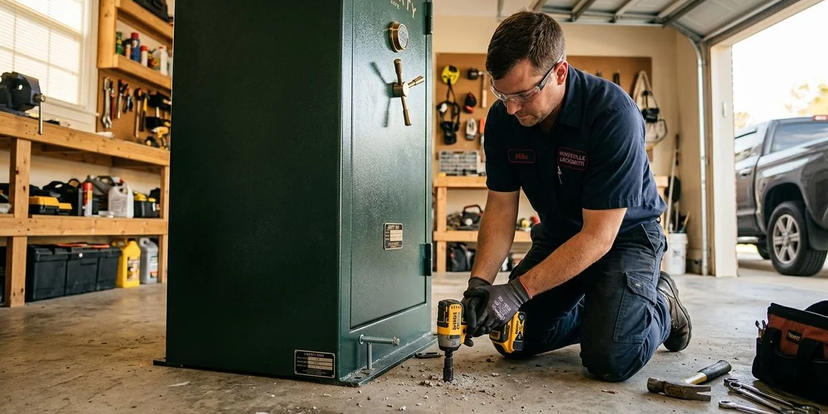 Locksmith anchoring a gun safe to the floor