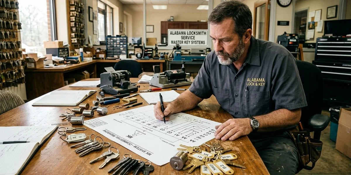 Locksmith mapping a master key plan for a Huntsville business