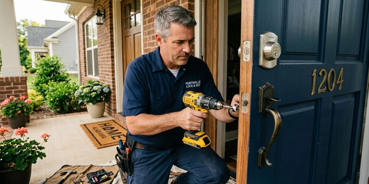 Locksmith installing a Grade 1 deadbolt on a new homeowner's front door