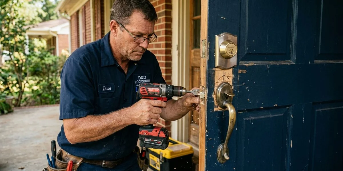 Locksmith installing a Grade 1 deadbolt on a home door