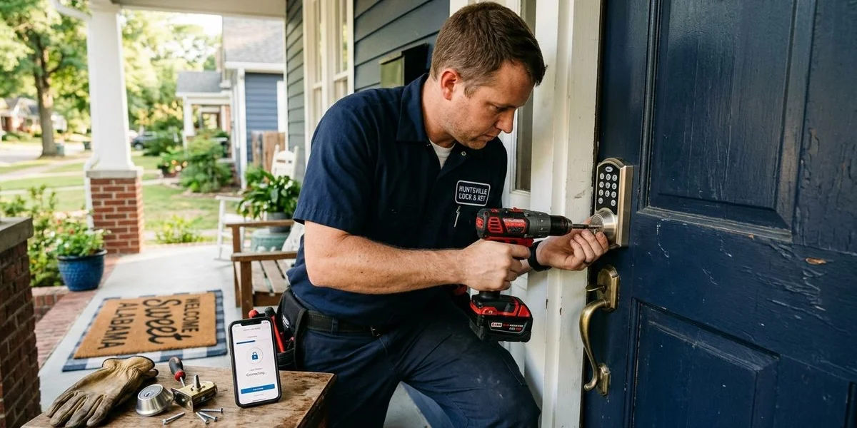 Locksmith installing a smart deadbolt on a home door