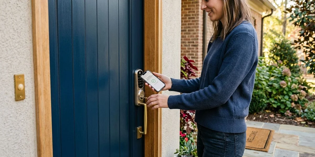Person unlocking a smart lock with a phone app at the front door