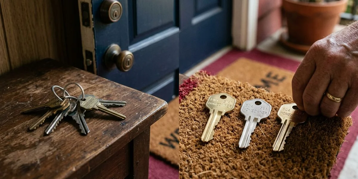 Old builder keys set aside next to a fresh set of rekeyed homeowner keys